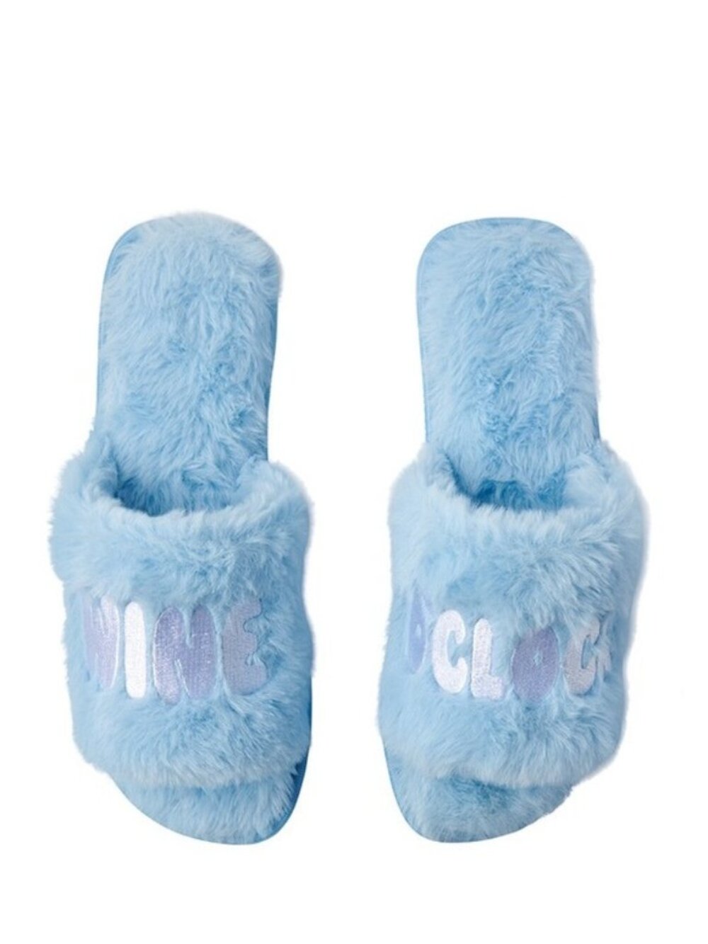 Aldi X Serra | "Wine O Clock" Light Blue Fuzzy Ladies Open Toe Slippers | Size 8